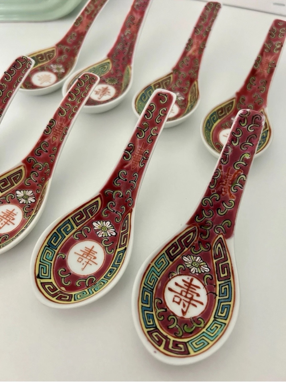 VINTAGE Famille Rose Spoons Set of 8, Mun Shou Longevity, JINGDEZHEN Chinoiserie
